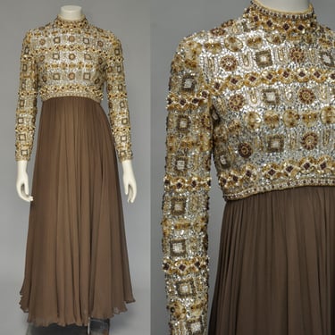 1960s heavily beaded sequined silk chiffon party dress XS/S 