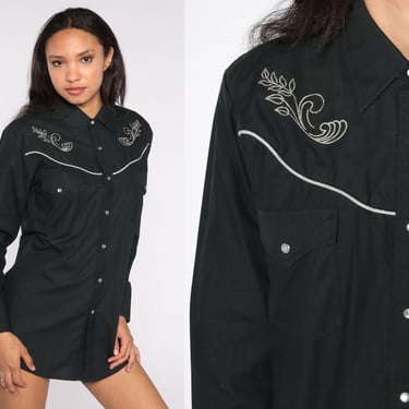 Embroidered Western Shirt 70s 80s Pearl Snap Shirt Black Metallic Leaf Print Cowboy Shirt Button Up Rodeo 1980s Vintage Long Sleeve Small S 