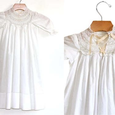 Edwardian Heirloom Christening Gown Batiste Cotton Whitework Embroidered French Lace Yoke - Antique 1900 - 1910 - Size 3 - 6M 