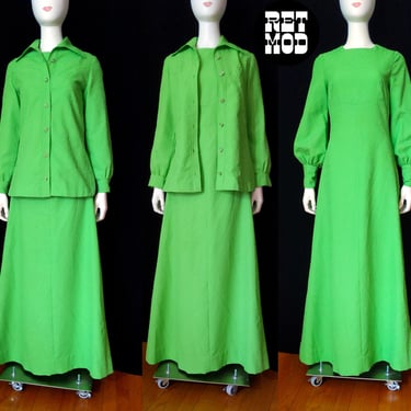 Groovy Vintage 60s 70s Lime Green Two-Piece Maxi Dress Set with Matching Collared Top 