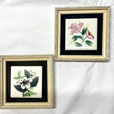 1950’s Tile Art~ pair of hand painted Tiles from Vcagco Ceramics Japan~ framed floral small space decor~ 