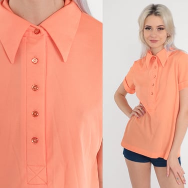 Peach Polo Shirt 70s Button Up Shirt Short Sleeve Collared T-Shirt Retro Plain Dagger Collar Preppy Solid Spring Vintage 1970s Medium M 