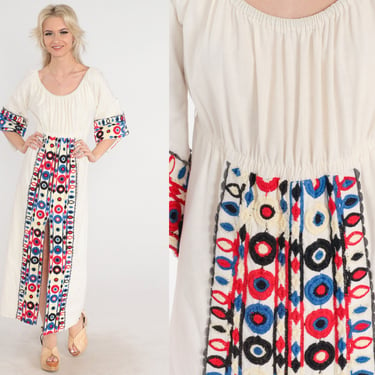 Embroidered Peasant Dress 70s Cream Maxi Dress High Front Slit 3/4 Wide Bell Sleeve Festival Red Blue Hippie Boho Vintage 1970s Small Medium 