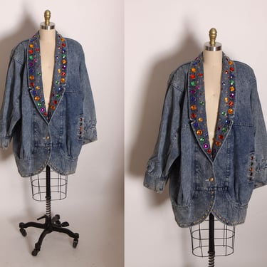 1980s Blue Denim Long Sleeve Rainbow Multi-Colored Bedazzled Button Up Coat by Cactus California -2XL 