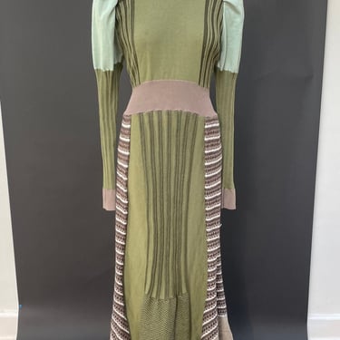 Vintage 1990s 2000s 00s Knit Sweater Dress Mixed Print Long Sleeve Turtleneck Asymmetrical Hem Striped Green Millenial Y2K 