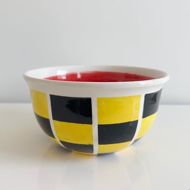 Studio Pottery Checkered Yellow, Black, Red Ceramic Bowl Handmade Vintage 