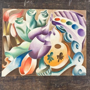 1950s Surreal Modernist Pastel Artwork of Artist Materials - Cubism Surrealism Modernism - Wild Artwork - Interior Design - Statement Piece 