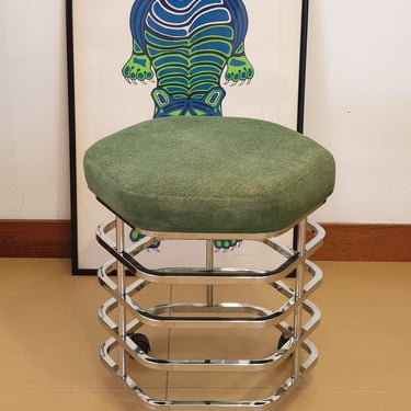 Modern Italian Chrome and green Velvet stool / 1980s / vintage Seat / modern pouf / 