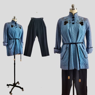 1940s Women's Smoking Jacket and Pants Set Styled by Waylon - 40s Loungewear - Women's Vintage Size Small 