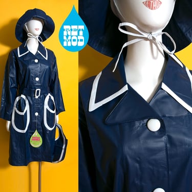 DEADSTOCK ICONIC Vintage 60s 70s Dark Blue & White Trim Vinyl Rain Coat Set with Matching Hat and Purse 