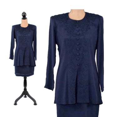 S ~ 90s Dark Blue Rayon Dress Small Embroidered Long Sleeve Peplum Midi with Shoulder Pads Petite Clothes Women Vintage KARIN STEVENS Size 4 