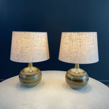 Pair of Mid-Century Modern Glazed Olive Green Ceramic Table Lamps, c.1960’s 