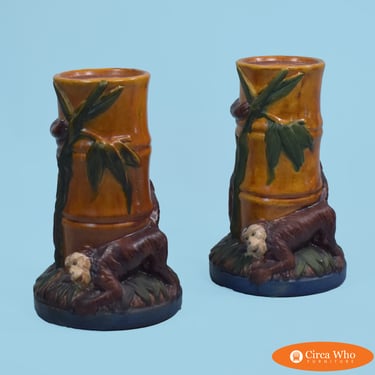 Pair of Ceramic Monkey Candle Holders