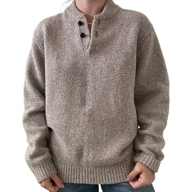 LL Bean Mens Tan Marled 100% Lambs Wool Crewneck Henley Sweater Sz M 