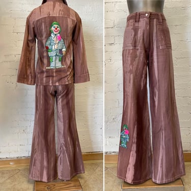 RESERVED Vintage 1970s 2 piece set, 70s pants and shirt, brown tie dyed cotton, clown novelty print bellbottoms, small 26, hippie 