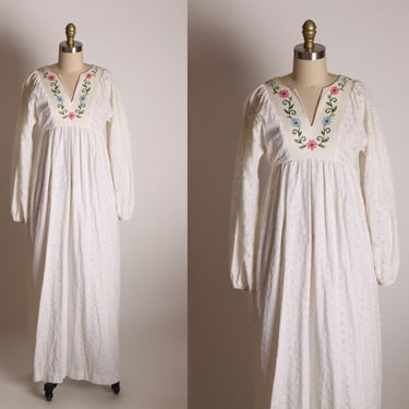 1960s White Green, Blue and Pink Floral Embroidery Long Sleeve Caftan Cottagecore Boho Prairie Empire Waist Dress by Just for House of Nine 
