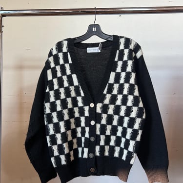Med, Vintage 1980s Black and White Checkered Cardigan Sweater 