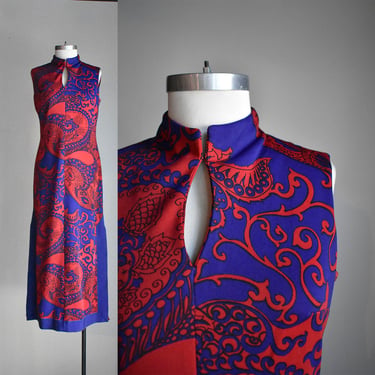 1970s Red & Blue Paisley Maxi Dress 