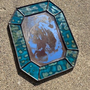 Green and Silver Iridescent Gem Stained Glass with Antiqued Mirror 