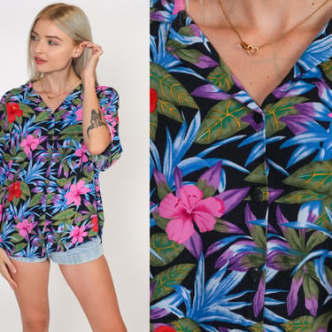 90s Tropical Shirt Black Hawaiian Blouse Pink Red Hibiscus Button Up 1990s Vintage Surfer Vacation Short Sleeve Retro Top Extra Large xl 