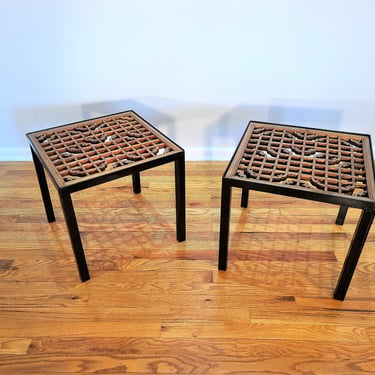 Vintage Hand Carved Wood and Metal  Pair of Side Tables 