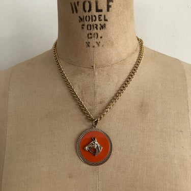 Orange Horse Medallion Pendant Necklace - 1970s 