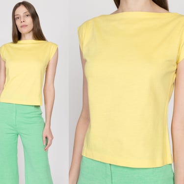 Small 70s Yellow Boatneck Cap Sleeve Top | Vintage Plain Short Sleeve Shirt 