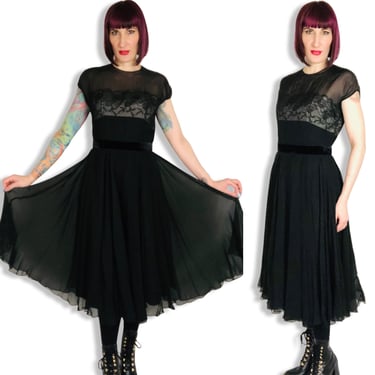 Vintage 1950's Jet Black Sheer Chiffon Nude Illusion Lace Fit and Flare Party Dress - size Medium 