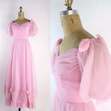 70s Pink Party Maxi Dress / Pink Rose Dress / Pink Wedding Dress / 70s Party Dress / Vintage Cocktail Dress / Bubblegum Pink / Size XXS/XS 