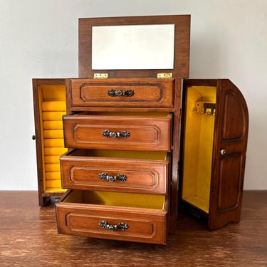 Vintage Wooden Jewelry Box Mini Cabinet Armoire | Swing Out Storage Shelf Mirror Necklace Bracelet Ring Dresser Drawer top Vanity Organizer 
