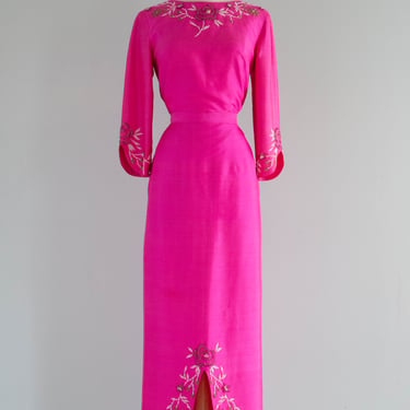 Think Pink 1960's Thai Silk Beaded Two Piece Skirt & Top Set / S