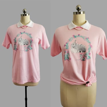1980s T-shirt with Bunny Novelty Print and Collar - 80's Graphic Tee - 80s Women's Vintage Size Medium/Large 