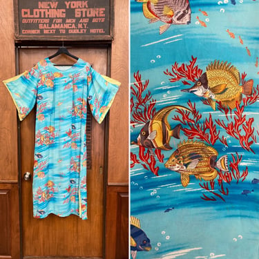 Vintage 1950’s Undersea Fish Tropical Tiki Crepe Pake Muu Hawaiian Dress, Custom Made, Vintage Pake Muu, Hawaiian Dress, Tiki, Tropical Fish 