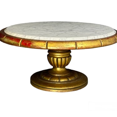 Hollywood Regency Round Cocktail Table in Gold &amp; Marble in Style of James Mont