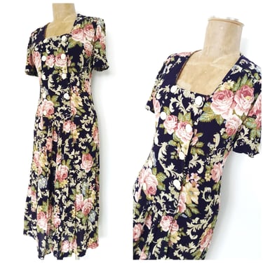 Vintage 80s Leslie Fay Wrap Dress Size Medium Business Grunge Floral Midi
