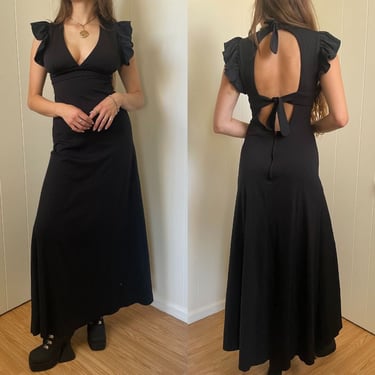 1970s Evening Gown with Ruffle Sleeves and Open Back size XS Small 