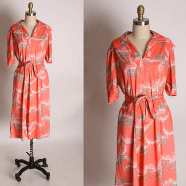 1970s Peach Pink Orange Short Sleeve Fabric Belt Tie Floral Swirl Pattern Dress -XL 