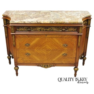 Antique French Louis XVI Style Marble Top Satinwood Demilune Dresser Commode