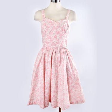 50's Pink Floral Cotton Sun Dress, Vintage Fit & Flare 1960's, 1950's Mid Century by LANZ 