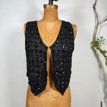 Vintage Silk & Sequin Vest – Elegant Black Embellished Waistcoat 