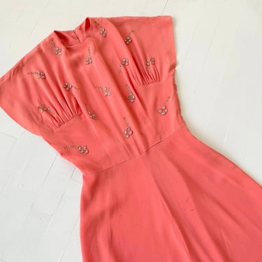 1940s Embellished Salmon Pink Rayon Dress 