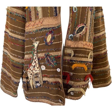 90s Vintage Safari Jacket coat, wearable art duster, Art Deco duster, Africa Safari Coat, giraffe embroidered swing coat, opera coat large 