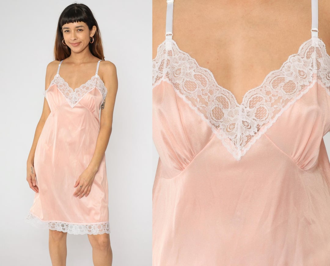 60s Pink Slip Dress Midi White Lace Trim Lingerie Sweetheart | Shop Exile |  Tucson, AZ