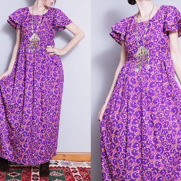 Vintage 1970's | Purple | Petite Floral | Ruffled Sleeve | Maxi Dress | XS 