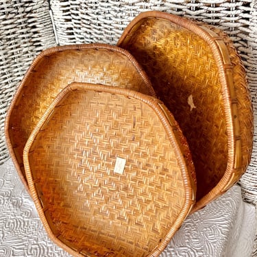 Set of Woven Rattan Baskets, Nesting Bowls, Geometric Shape, Boho, Natural Home Decor, Vintage 70s 