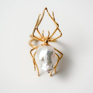 Gold Plated Sterling Silver and Biwa Pearl Orb Weaver Ring