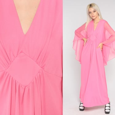 Angel Sleeve Dress 70s Maxi Pink Fairycore Boho Empire Waist Chiffon Bell Sleeve Hippie Bohemian Bright 1970s Long Dress Vintage Large L 