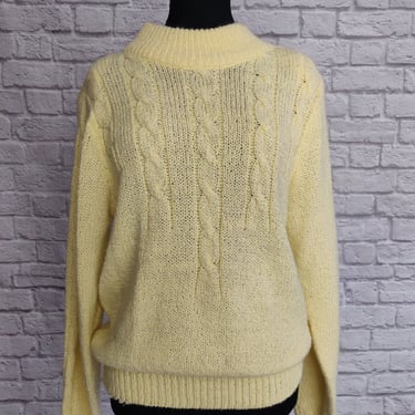 Vintage 80s Soft Yellow Sweater // Acrylic Cable Knit Sweater 