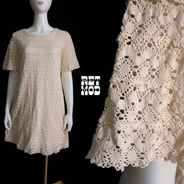 Pretty Vintage 60s 70s Off-White Crochet Lace Dress 