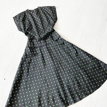 1940s Black Taffeta Polka Dot Dress 